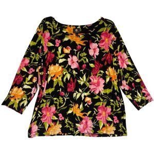 JM Collection Womens Plus Size 1X Jacquard Floral Print 3/4 Sleeve Top Black/Mul